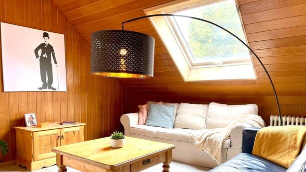 Een gezellige kamer met een houten plafond, een witte bank, een blauwe leren divan, een houten bijzettafeltje en een lamp.