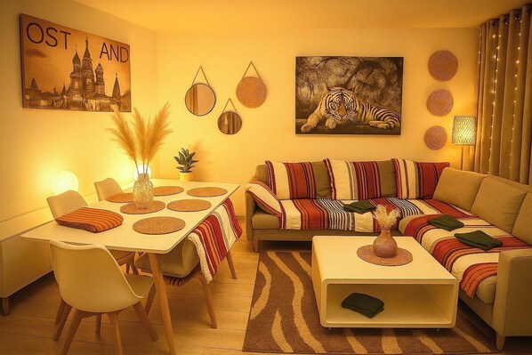 A cozy living room with a dining area, featuring a sofa, a table with placemats, and a painting of a tiger. - StadtLicht Apartment with Balcony (Koblenz)