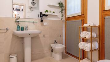 Douche, sĂšche-cheveux, bidet, serviettes fournies