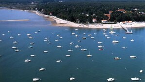 An aerial view of a coastal area with numerous boats anchored in the water, a sandy beach, and a forested area with buildings in the background.