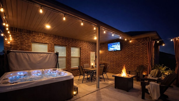 Un patio exterior con jacuzzi, fogata y zona de estar, que cuenta con muros de ladrillo y una pantalla de televisión.