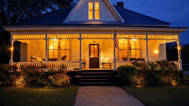 A two-story house with a porch, a front door, and a flag. - Closest Stay to Corry House and Durhamtown Off Road Resort!! Historic House (Union Point)