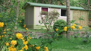 A small, single-story building with a green roof, surrounded by lush greenery and yellow flowers.