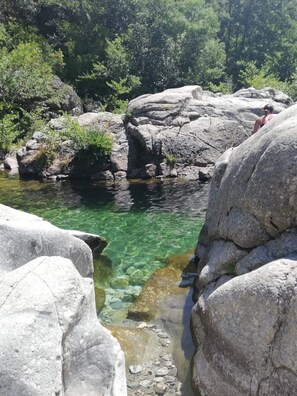 A natural rocky pool surrounded by large boulders and dense greenery. - ZEcamping 3 étoiles piscine animaux acceptés locatif BBQ clim 30m2 (Mialet)
