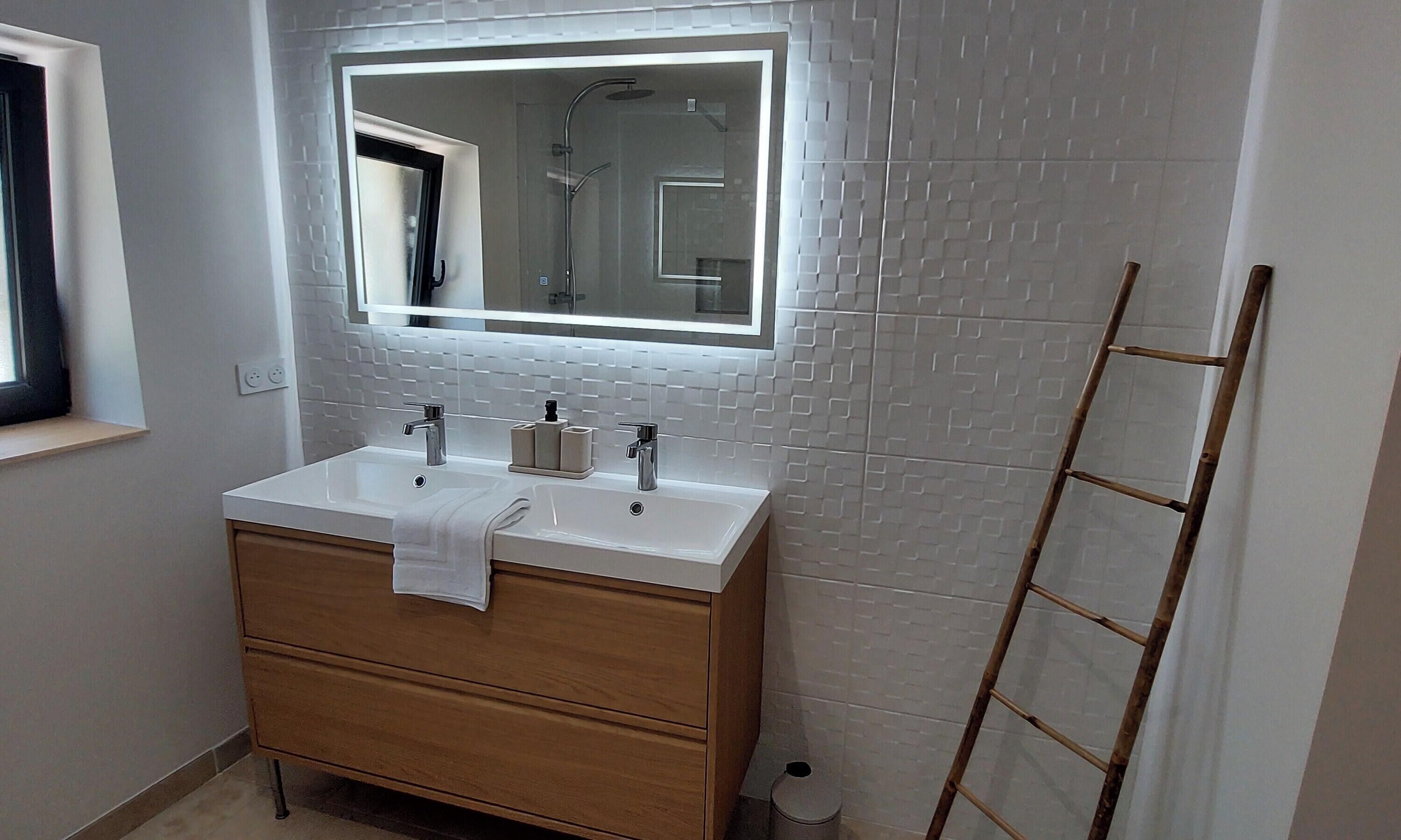 Une salle de bain avec deux lavabos, un miroir et une douche.