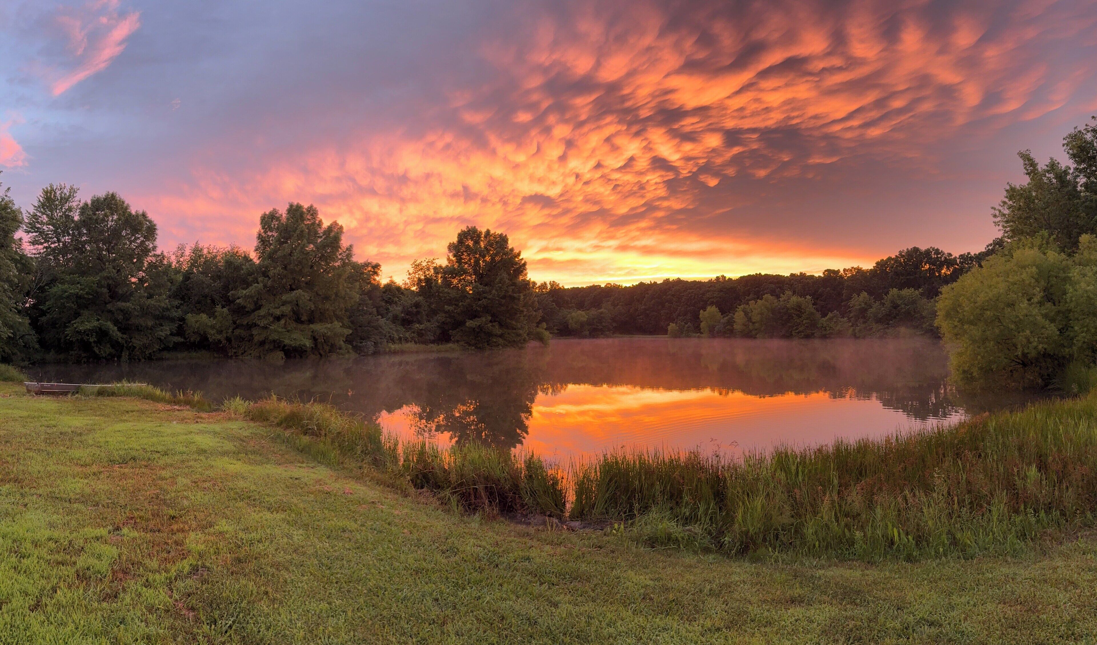 A serene lakeside scene with a calm body of water reflecting the sky, surrounded by lush greenery and trees.
