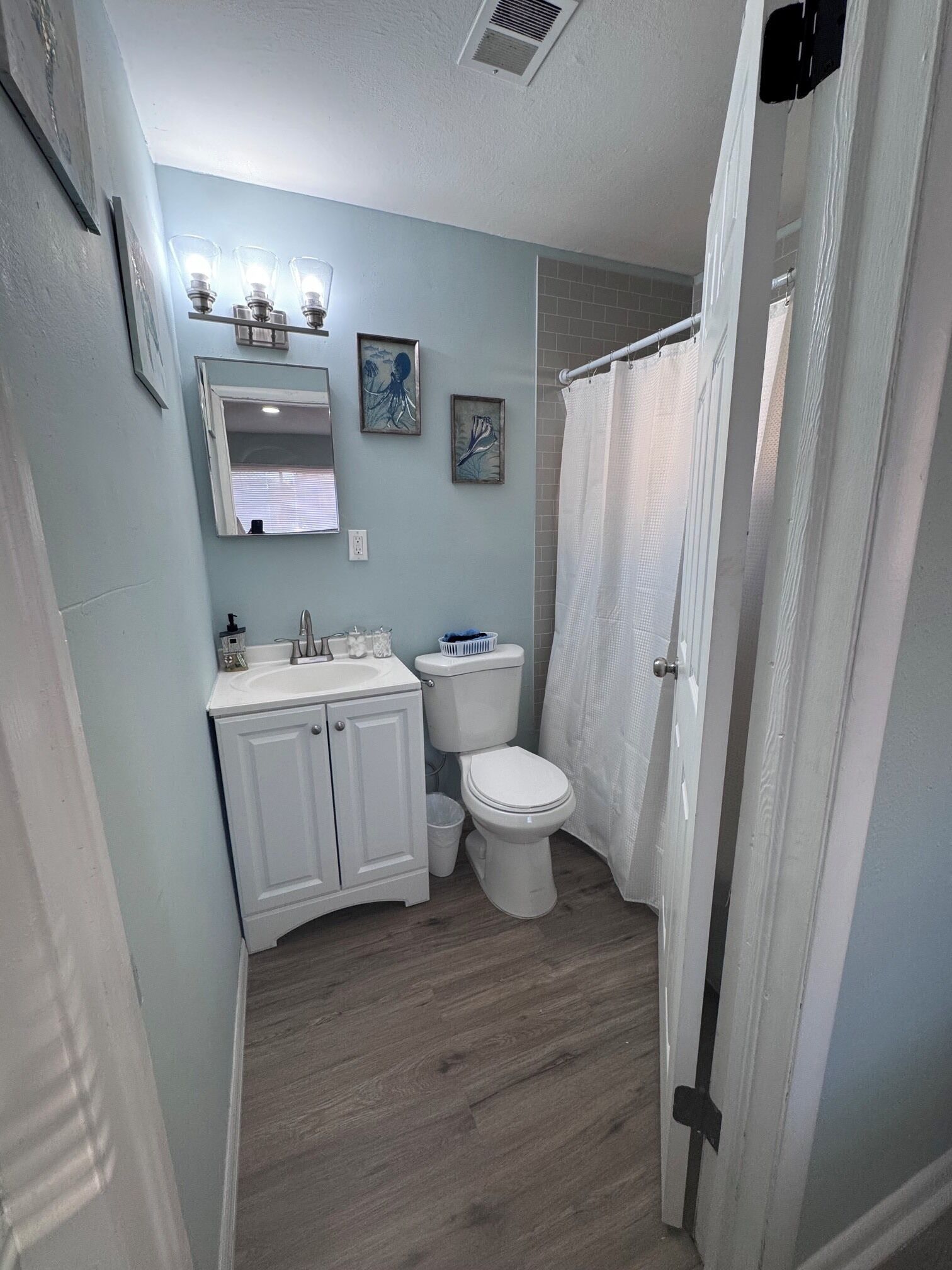 A bathroom with a white sink, toilet, and shower curtain. There are framed pictures on the wall and a mirror above the sink.