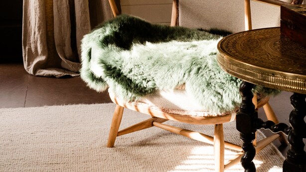 A chair with a furry cushion, a lamp, and a framed picture on the wall.