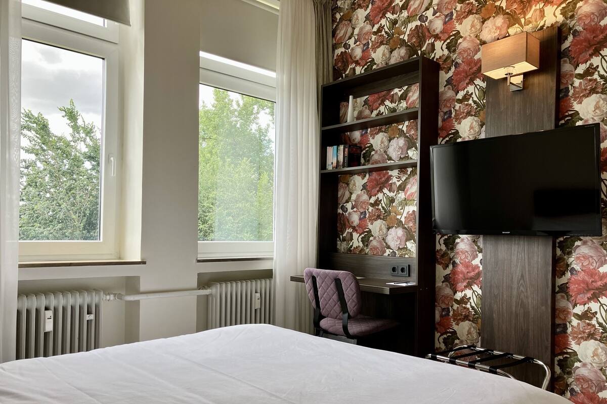 A bedroom with a bed, a desk with a chair, a TV, and a bookshelf.