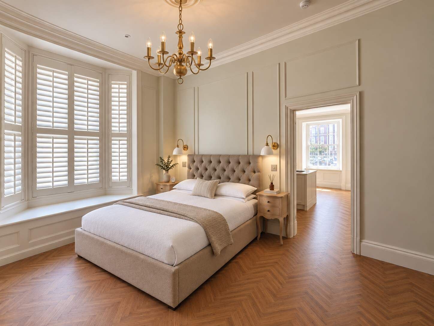 A bedroom with a large bed, a chandelier, a nightstand, and a window with shutters.