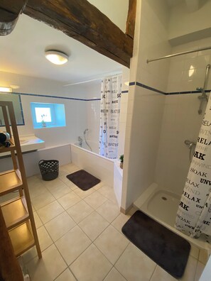 Shower, hair dryer, soap, toilet paper