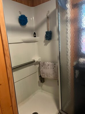 A shower with a glass door, a towel rack, and a shower caddy.