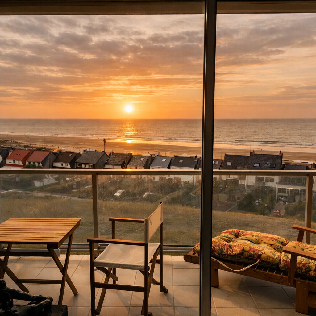A balcony with a view of the sunset over the sea, a wooden table, a chair, and a cushioned bench.
