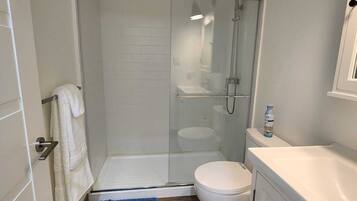 Shower, hair dryer, towels, soap