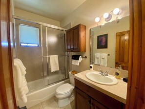 A bathroom with a glass-enclosed shower, a toilet, a sink, and wooden cabinets. - Bring your family and enjoy a 3-bedroom condo in charming Crested Butte (Crested Butte)