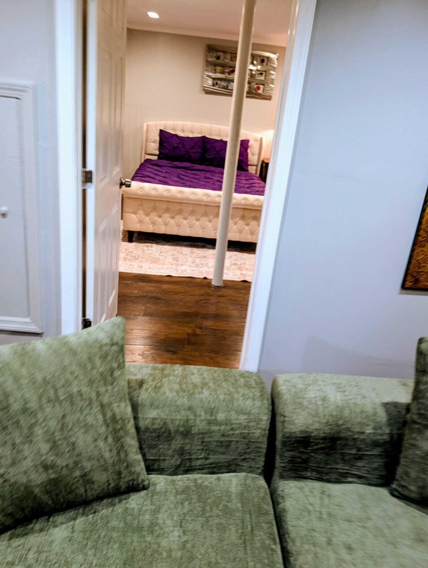 Une pièce avec un lit, un canapé vert et un plancher en bois.