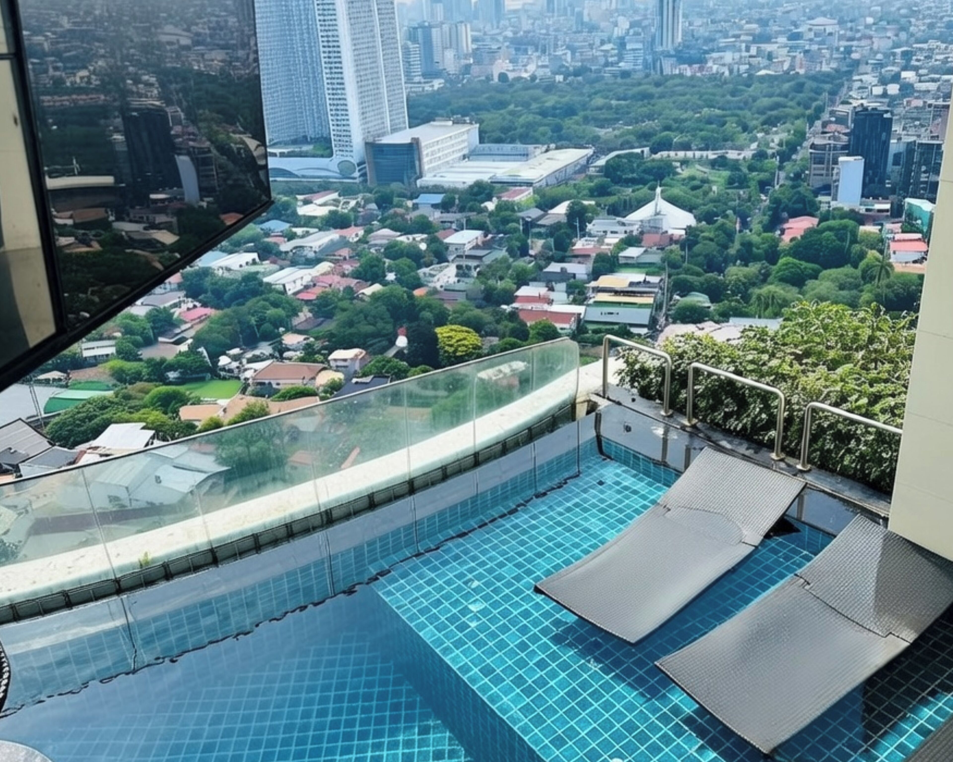 Una piscina infinita en la azotea con barandilla de vidrio, que ofrece una vista panorámica de la ciudad.