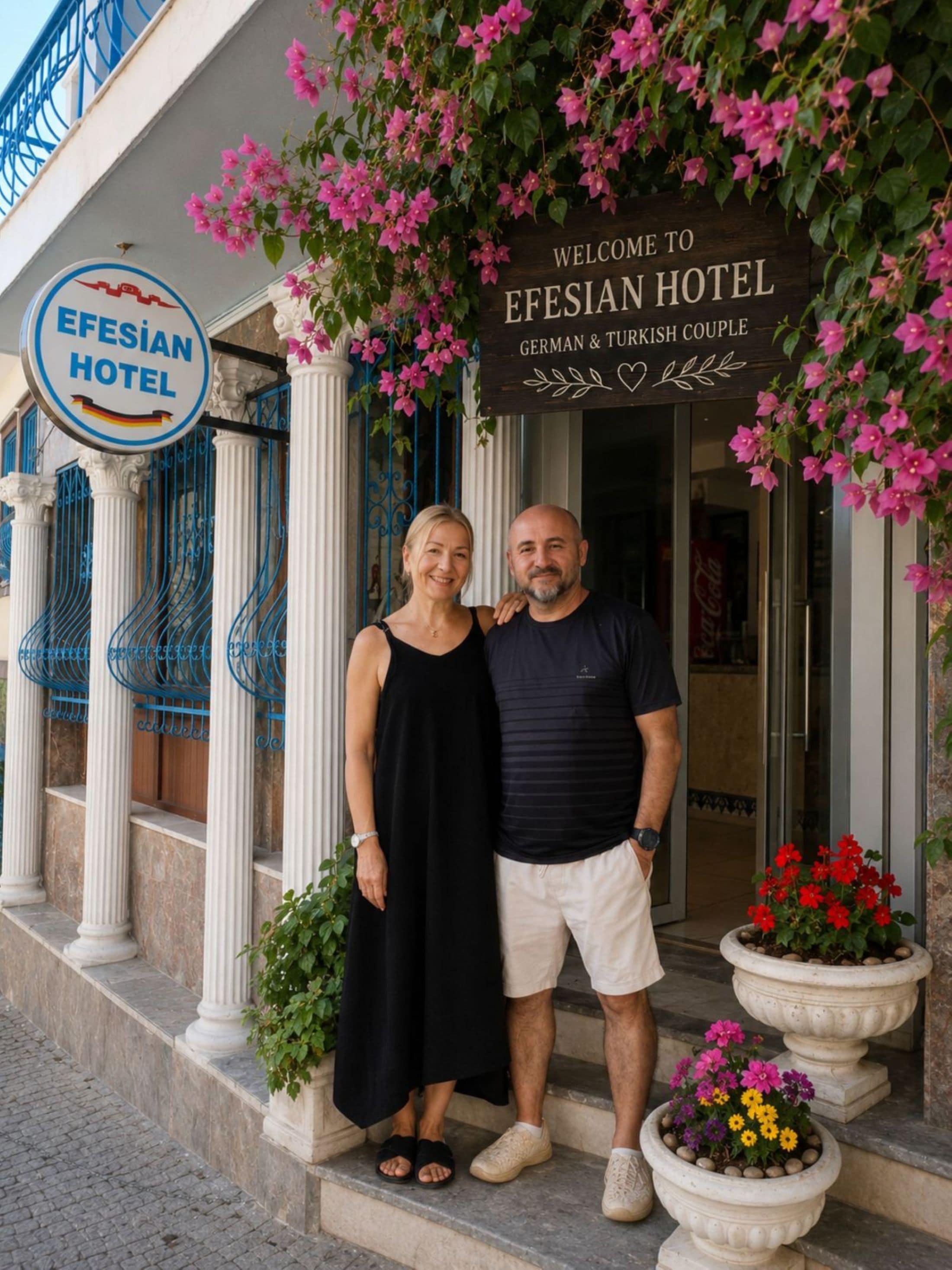 A couple standing in front of the Efesian Hotel entrance with a sign indicating it is a German & Turkish couple hotel.