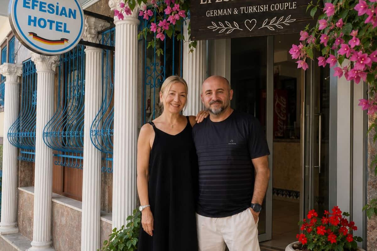 Ein Paar steht vor dem Eingang des Efesian Hotels, auf einem Schild ist ein deutsch-türkisches Paar abgebildet.