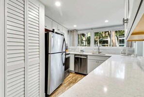 Fridge, microwave, stovetop, dishwasher - Lagoon View Villa - Steps to the Beach - 2BR 2BA (Hilton Head Island)