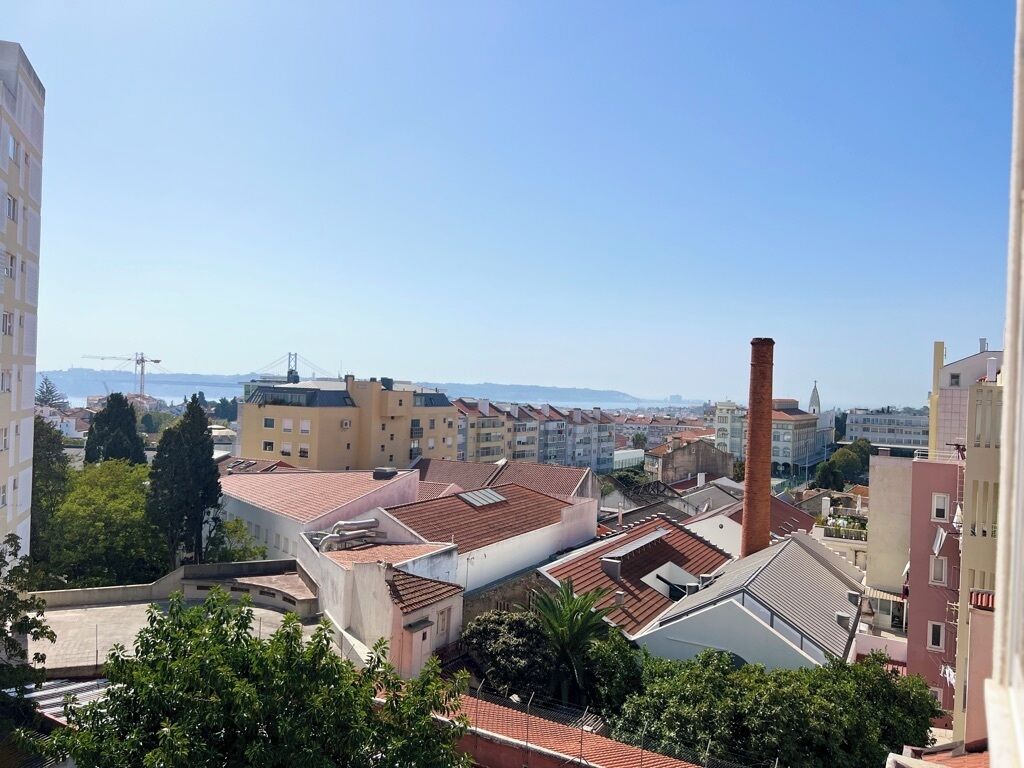 A residential area with multiple buildings, a prominent chimney, and a distant bridge.