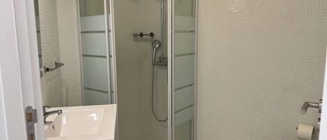 A modern bathroom with a glass-enclosed shower, a white sink, and a toilet.