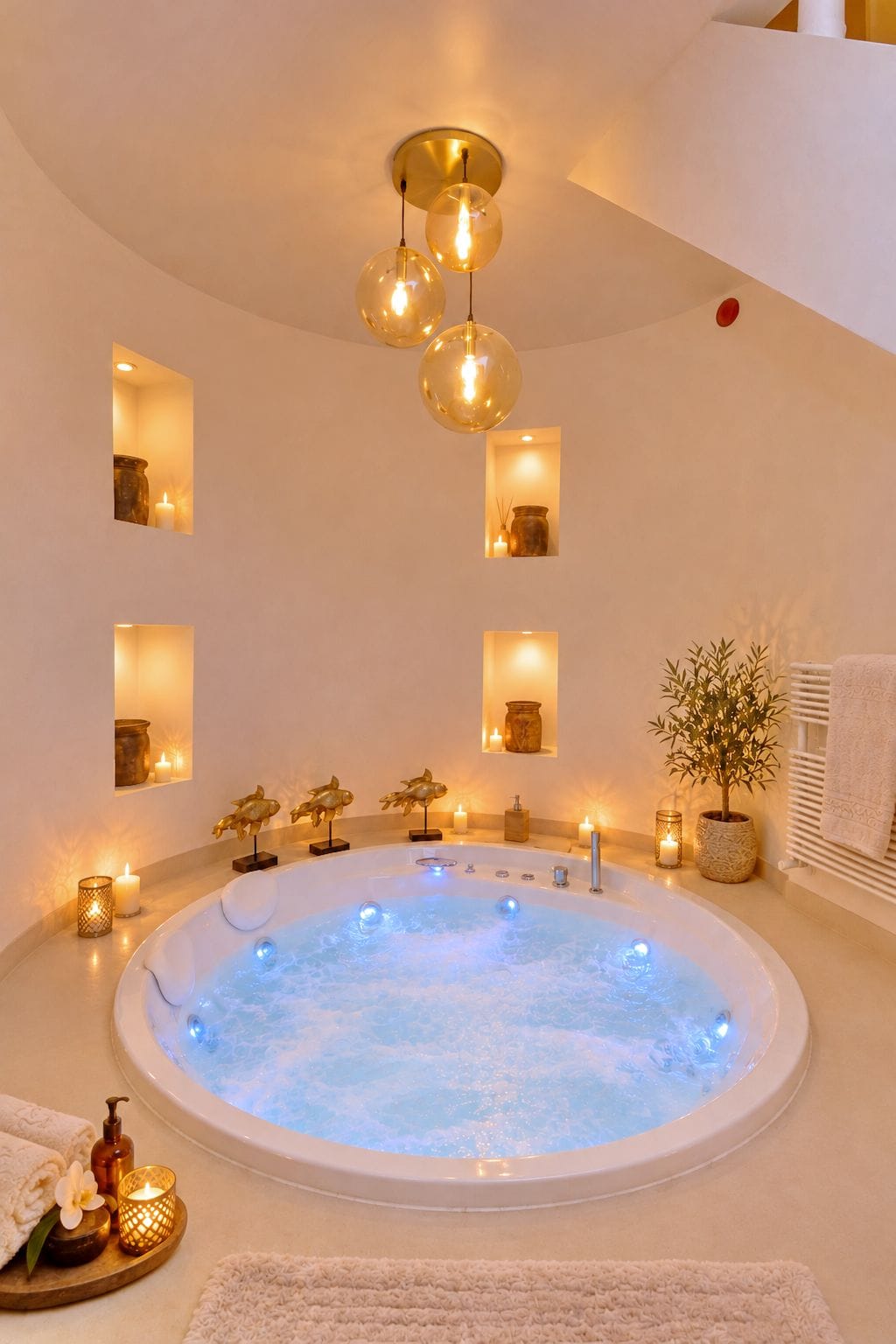 Une salle de spa équipée d’un jacuzzi, d’appliques murales et d’objets décoratifs.