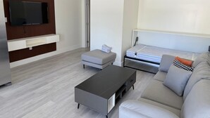 Een moderne woonkamer met een flatscreen televisie bevestigd aan een houten paneel, een grijze bank met gekleurde kussens, een grijze salontafel, en een bed met matras en kussens.
