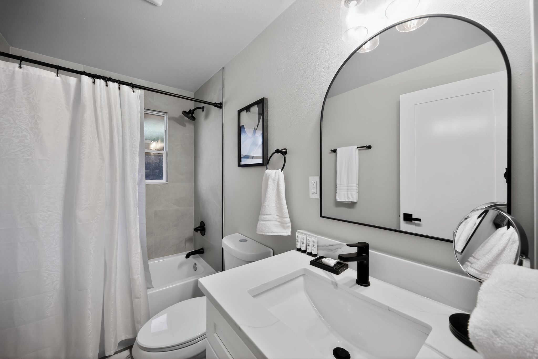 Hair dryer, towels, soap, toilet paper