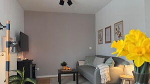 Un salon moderne avec un canapé, une table basse, un téléviseur et une cheminée.