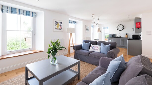 Ein modernes Wohnzimmer mit grauem Sofa, einem Couchtisch und einer Pflanze. Es gibt eine Küchenzeile mit einer Mikrowelle und einer Uhr an der Wand.