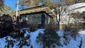 Una casa con techo inclinado, rodeada de nieve en el suelo y árboles.