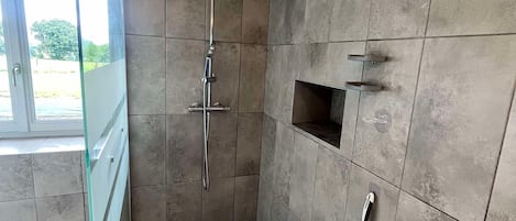 Hair dryer, towels, soap, toilet paper