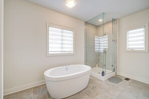 Hair dryer, towels, soap, shampoo