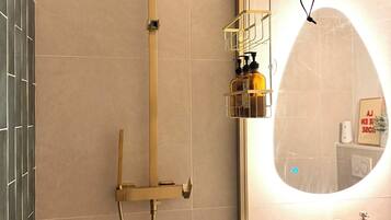 Shower, hair dryer, towels, soap