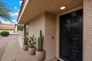 A building exterior with a textured wall, a black door with decorative panels, and three potted cacti on the ground.