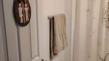 Hair dryer, towels, soap, toilet paper
