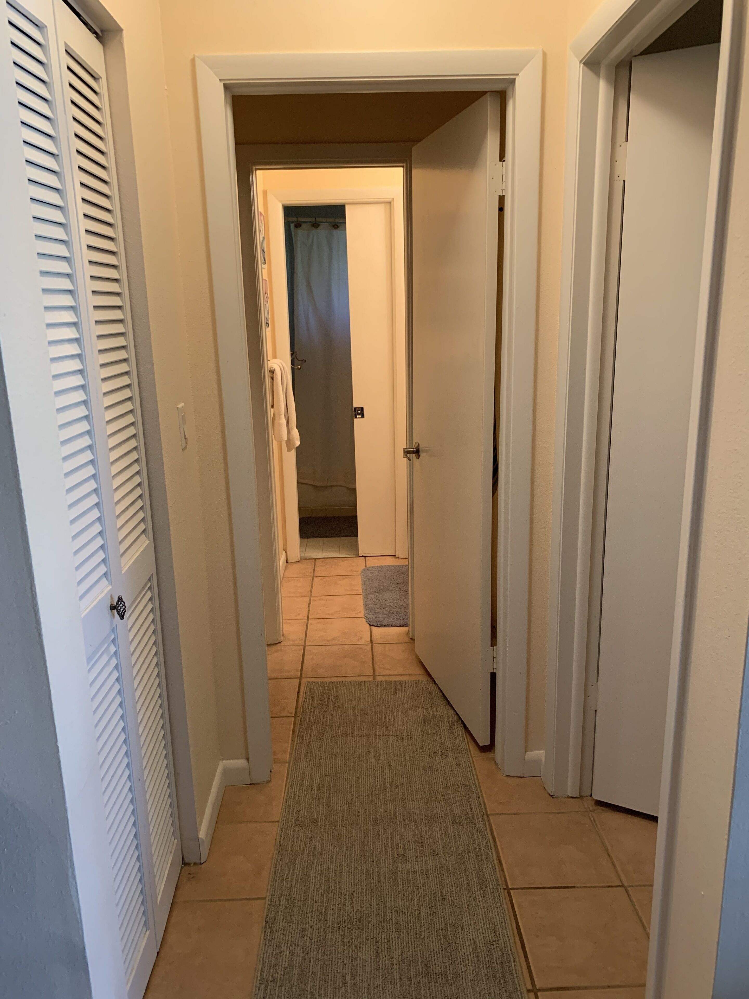 A hallway with a carpet, a door, and a tiled floor.