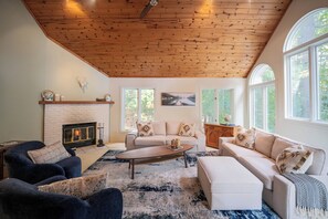 Smart TV, fireplace, books, stereo