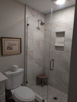 A bathroom with a glass-enclosed shower, a toilet, and a framed picture on the wall. - Beach/Pool Access-Location Location Location! (Hilton Head Island)