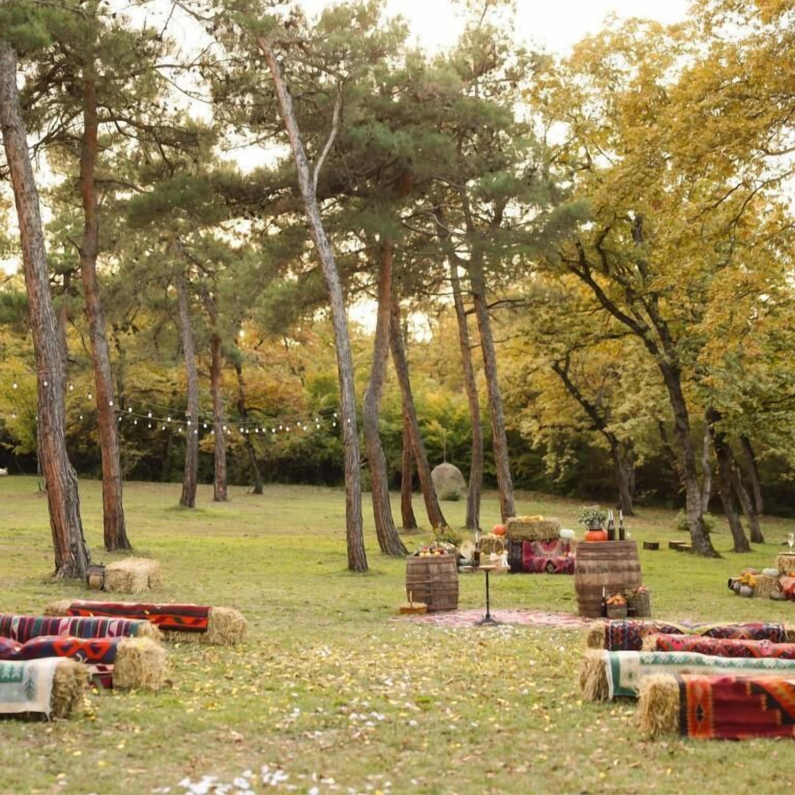 An outdoor setting with trees, hay bales, and rustic furniture.