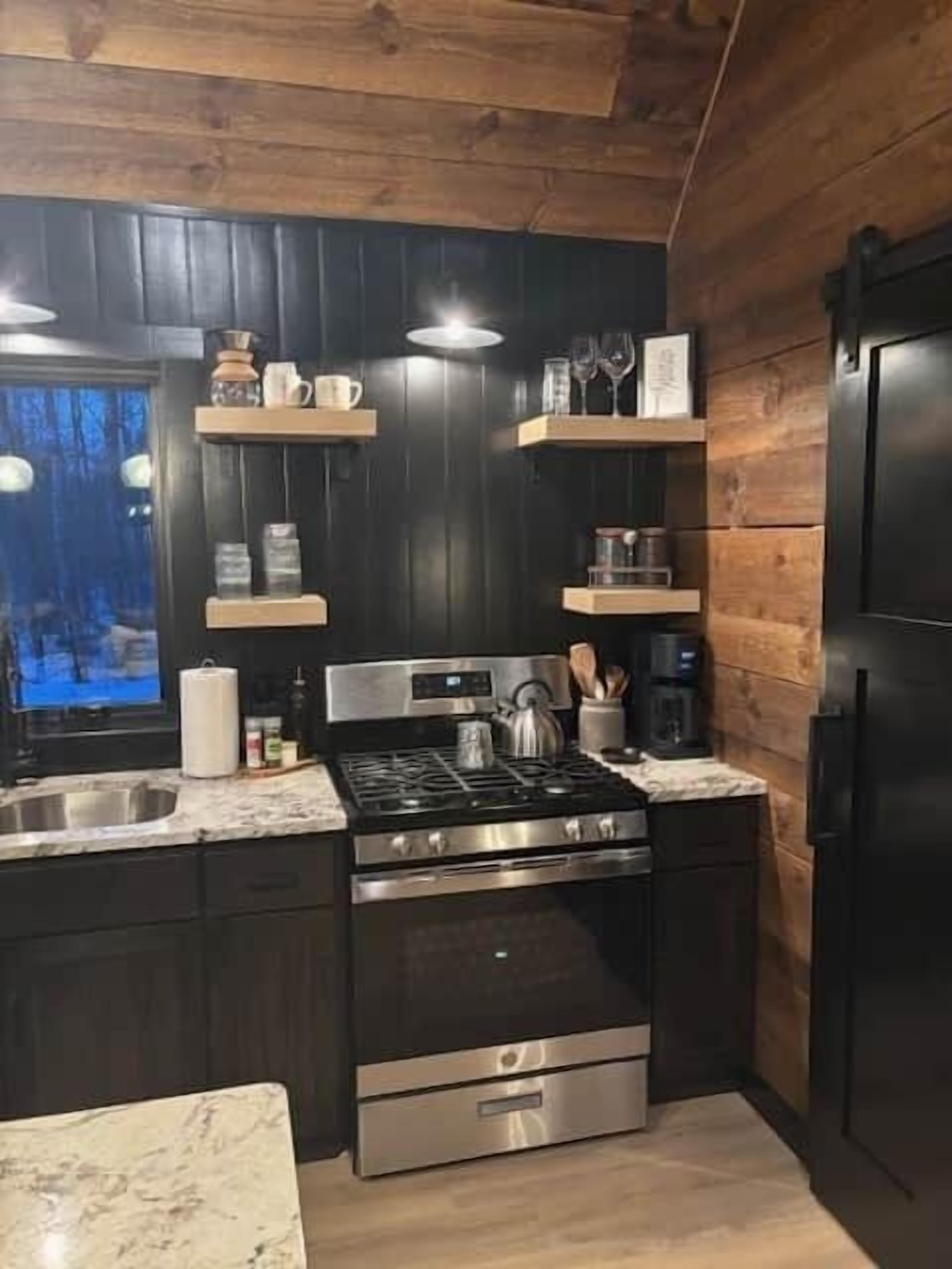 A modern kitchen with dark wood paneling, stainless steel appliances, and built-in shelves.