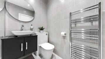 Secadora de cabello, toallas, papel de baño