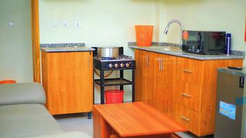 Comfort Apartment, Balcony, City View | Private kitchen | Fridge, microwave, oven, stovetop