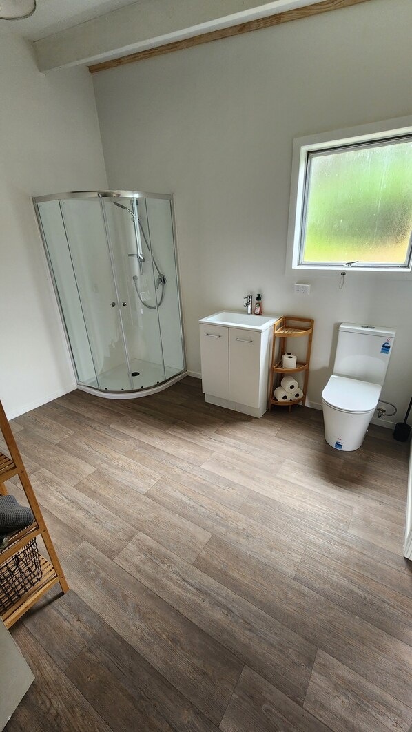 A bathroom with a glass shower enclosure, a white sink with a wooden shelf, and a toilet.