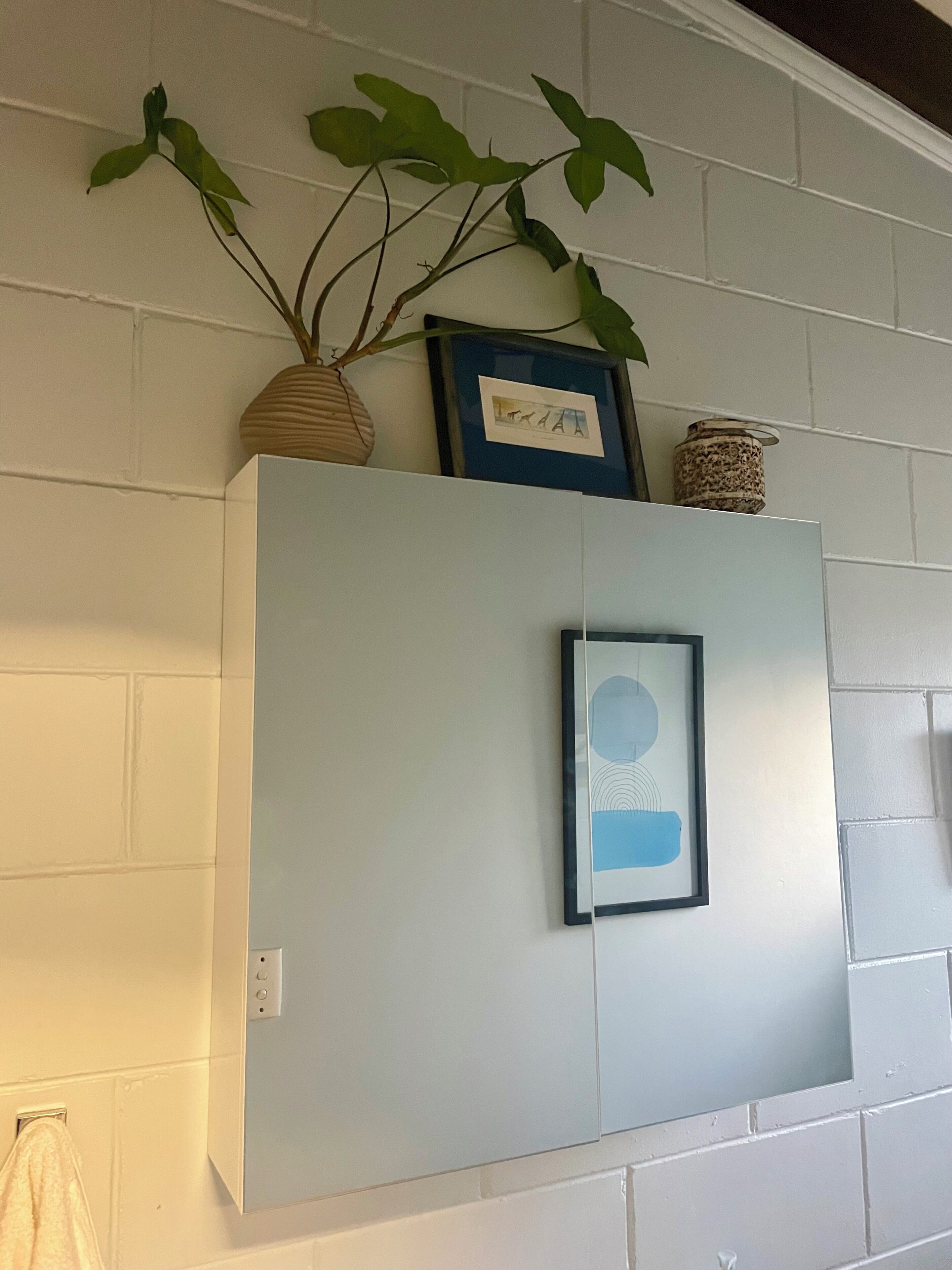 A white cabinet with a framed picture and a small vase with a plant on top.