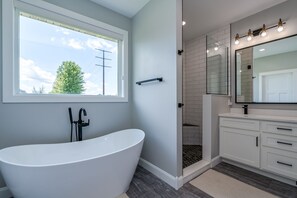 Hair dryer, bidet, towels, soap