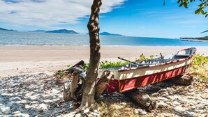 Une plage avec un bateau, un arbre et un ciel dégagé.