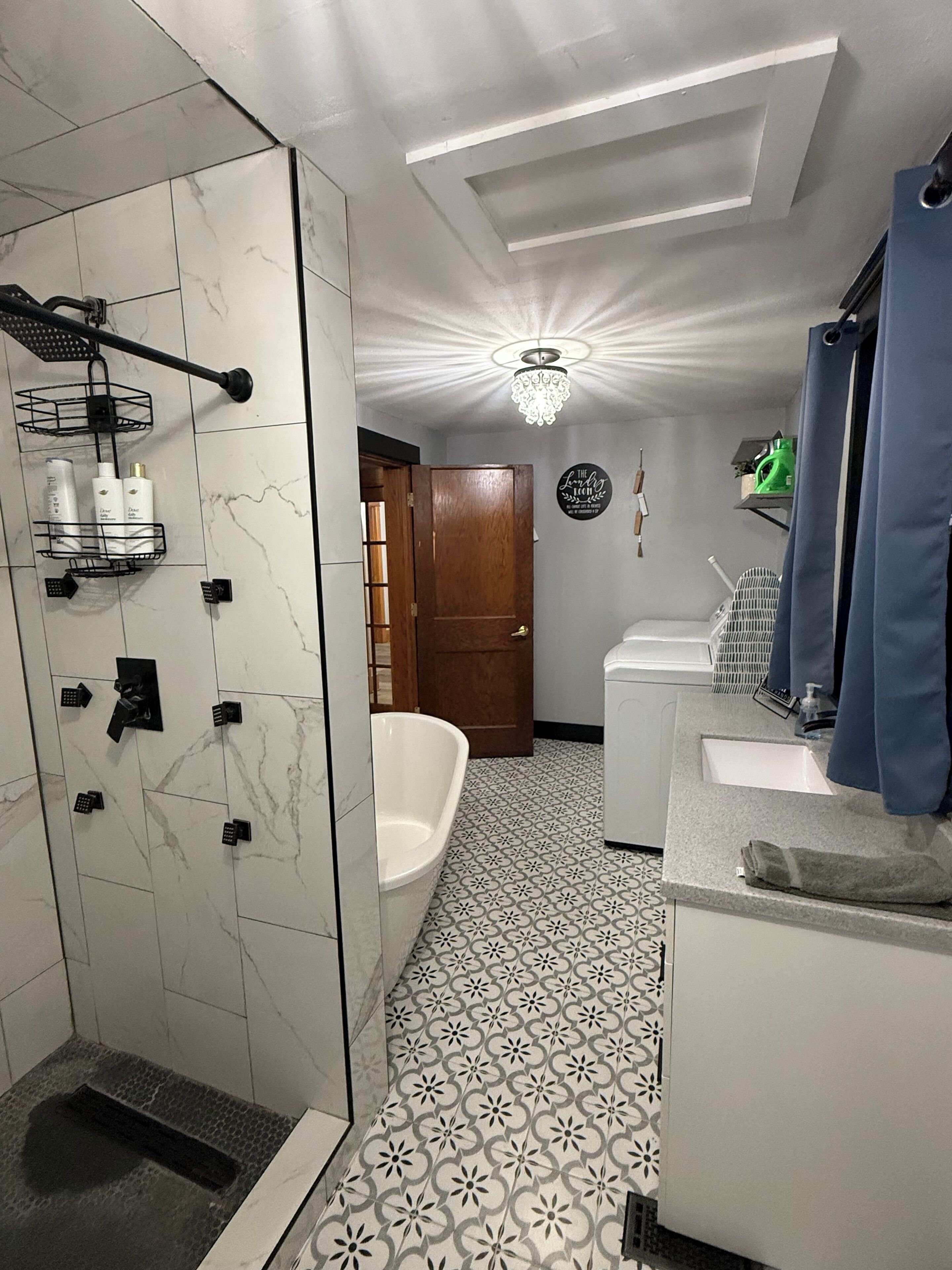 Shower, towels, soap, toilet paper