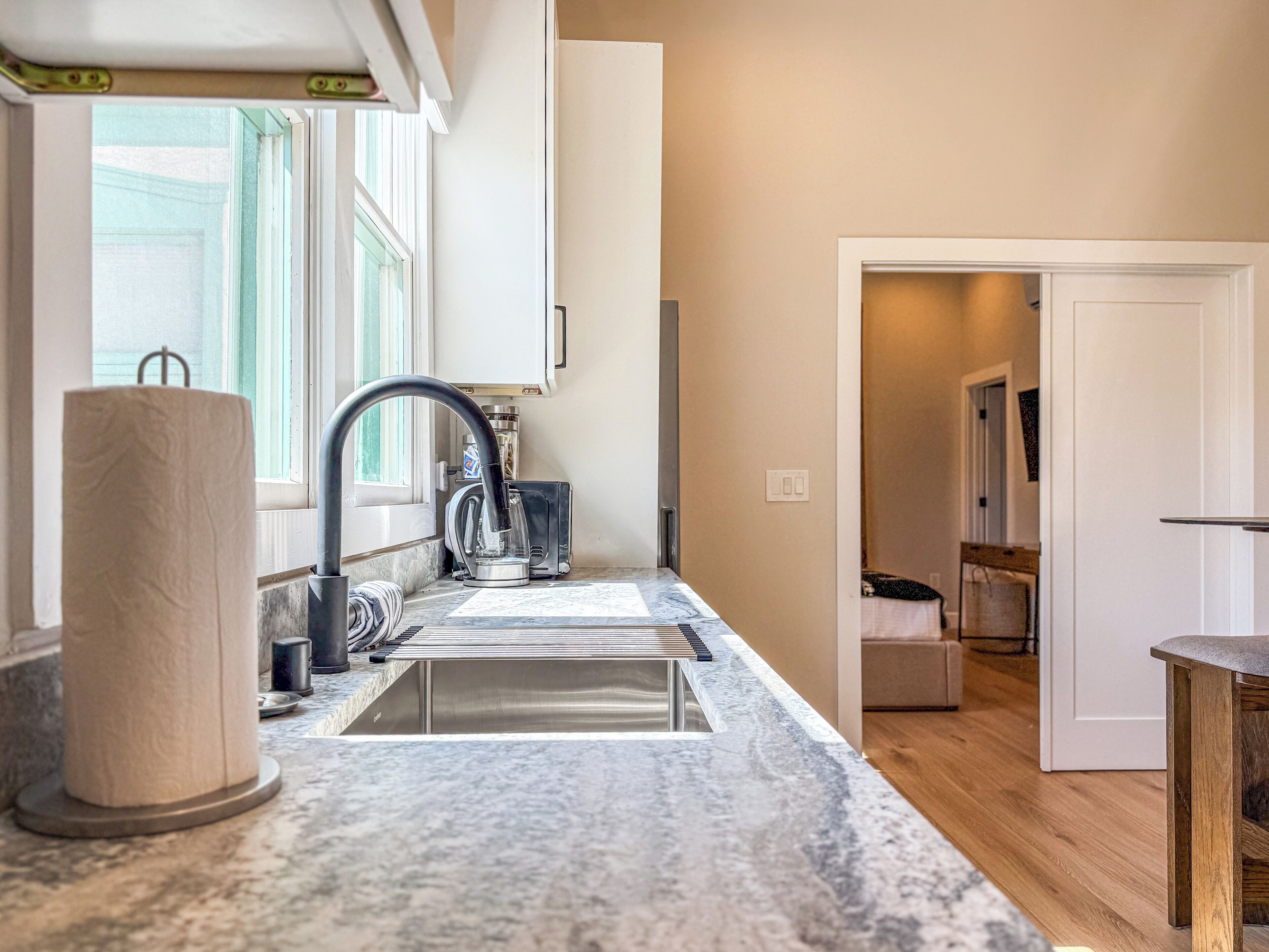 Hair dryer, towels, soap, shampoo